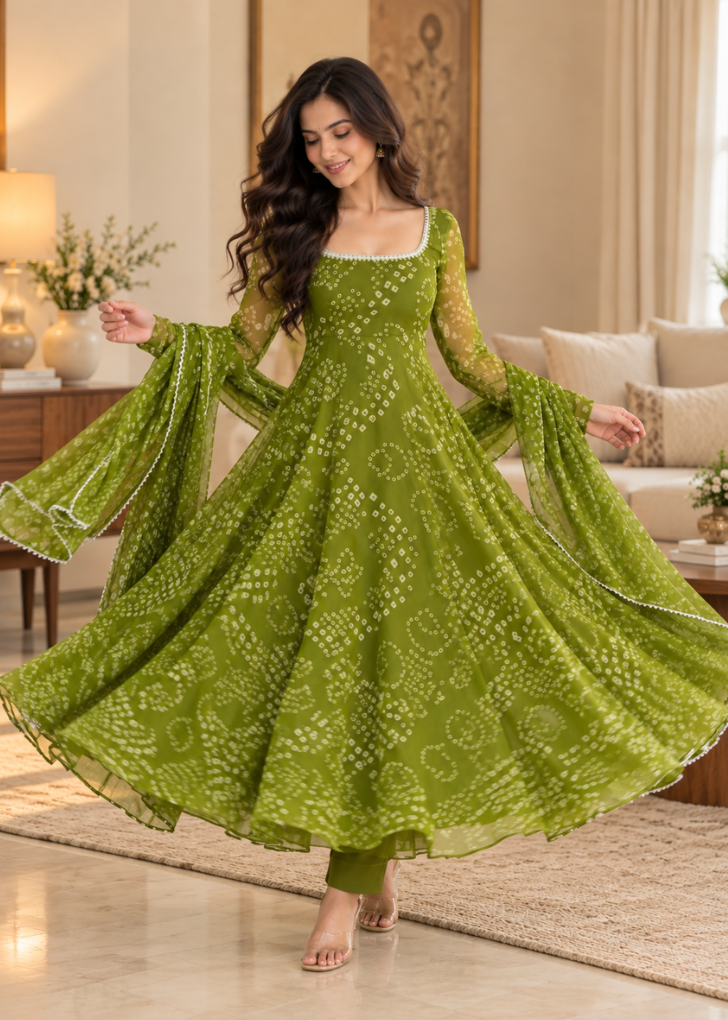 Olive Green Bandhani Printed Anarkali Suit Set with Dupatta