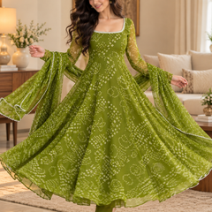 Olive Green Bandhani Printed Anarkali Suit Set with Dupatta