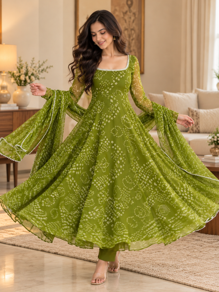 Olive Green Bandhani Printed Anarkali Suit Set with Dupatta