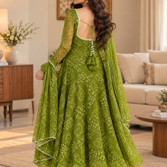 Olive Green Bandhani Printed Anarkali Suit Set with Dupatta