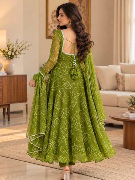 Olive Green Bandhani Printed Anarkali Suit Set with Dupatta