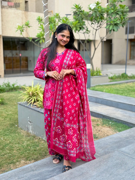 Pink Cotton Short Kurti with Farsi Salwar & Dupatta