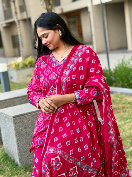 Pink Cotton Short Kurti with Farsi Salwar & Dupatta