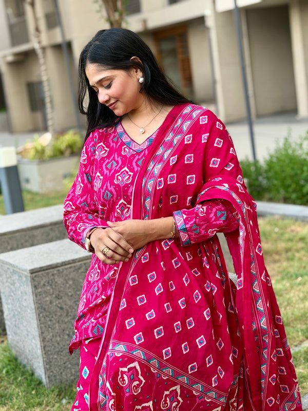 Pink Cotton Short Kurti with Farsi Salwar & Dupatta