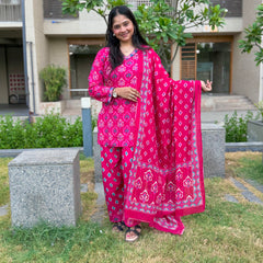 Pink Cotton Short Kurti with Farsi Salwar & Dupatta