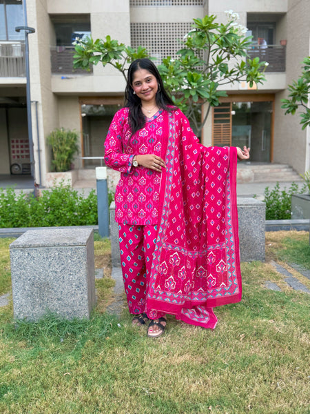 Pink Cotton Short Kurti with Farsi Salwar & Dupatta