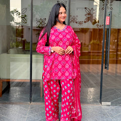 Pink Cotton Short Kurti with Farsi Salwar & Dupatta