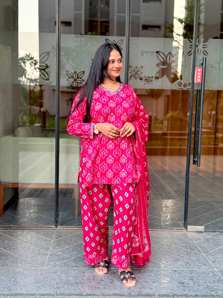 Pink Cotton Short Kurti with Farsi Salwar & Dupatta