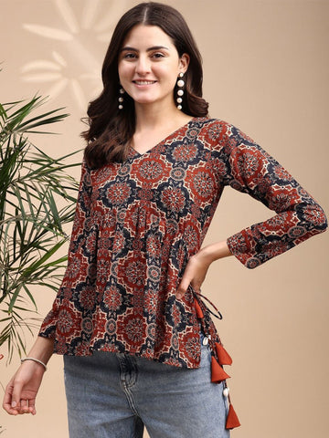 Rust Ajrakh Peplum Short Kurti