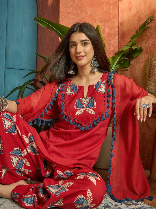 Red Floral Cotton Kurta Set with Farshi Salwar