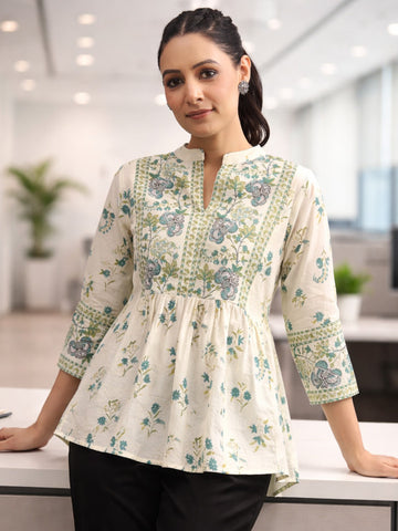 Sage Floral Mandarin Short Kurti