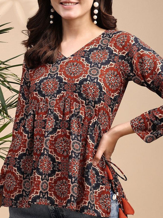 Rust Ajrakh Peplum Short Kurti