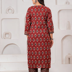 Maroon Ajrakh Jaal Print Cotton Kurta Pant Set with Dupatta