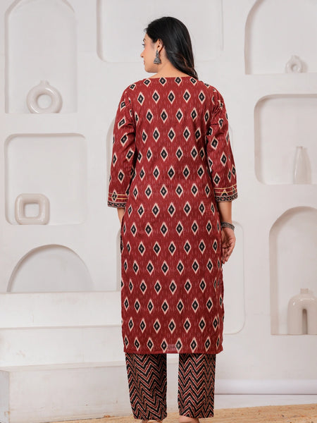 Maroon Ajrakh Jaal Print Cotton Kurta Pant Set with Dupatta