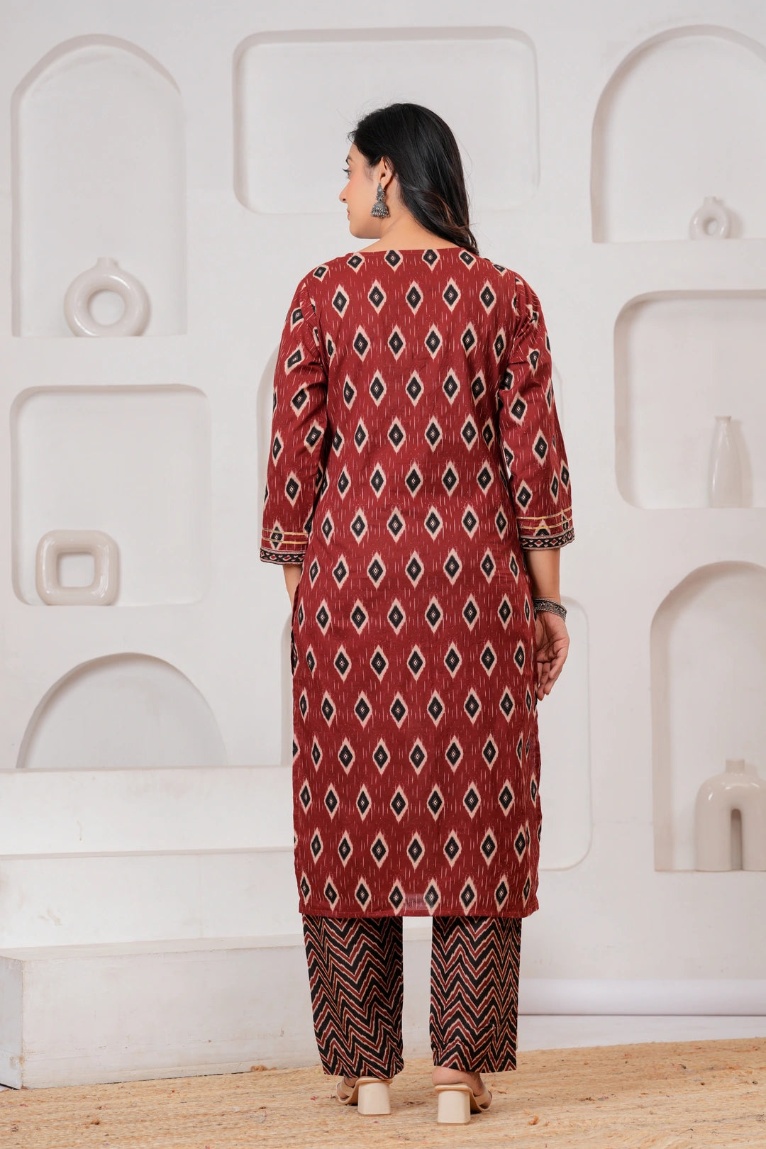 Maroon Ajrakh Jaal Print Cotton Kurta Pant Set with Dupatta