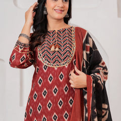 Maroon Ajrakh Jaal Print Cotton Kurta Pant Set with Dupatta