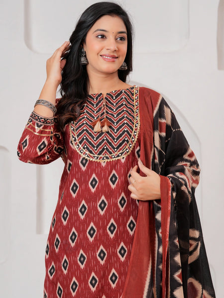 Maroon Ajrakh Jaal Print Cotton Kurta Pant Set with Dupatta