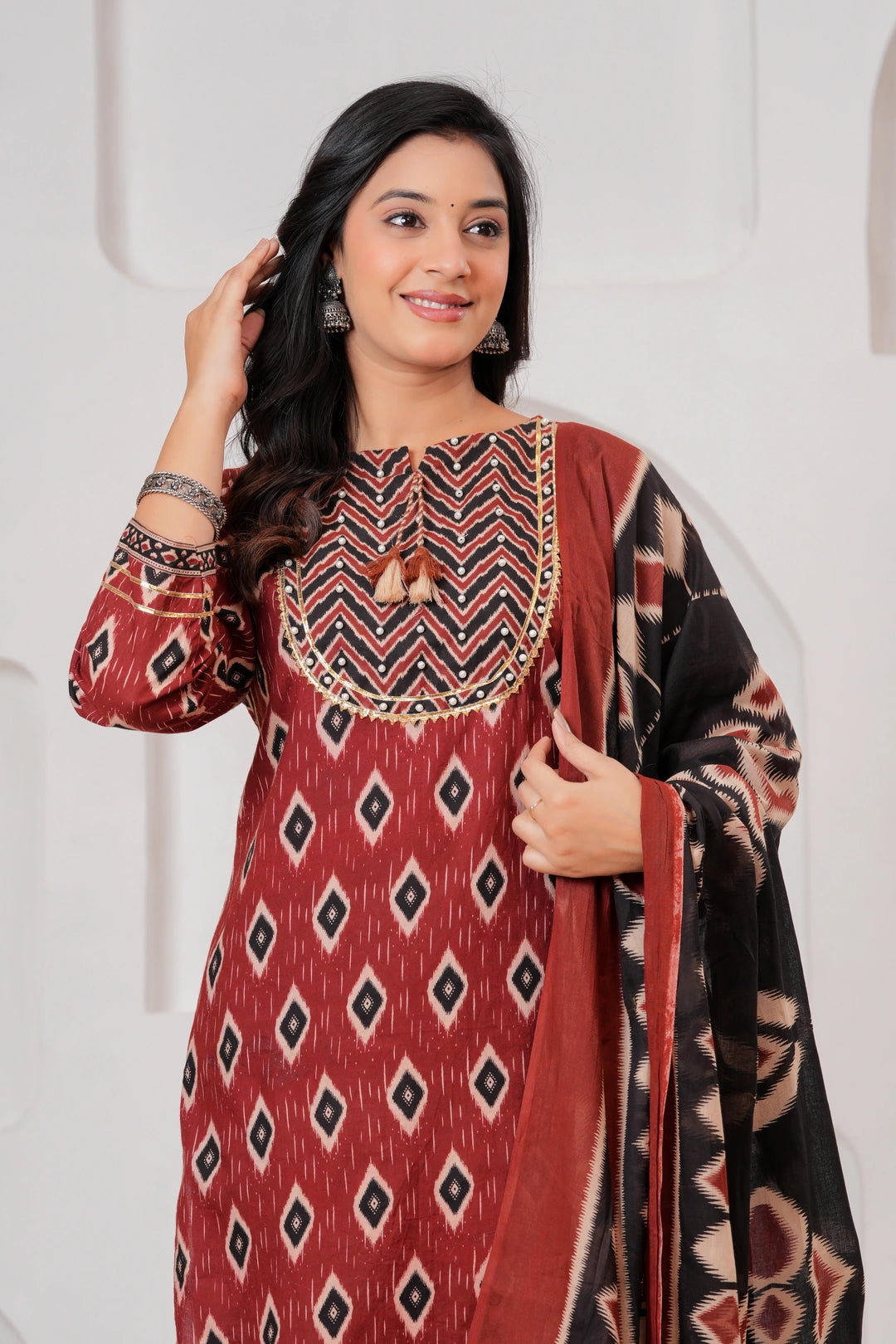 Maroon Ajrakh Jaal Print Cotton Kurta Pant Set with Dupatta