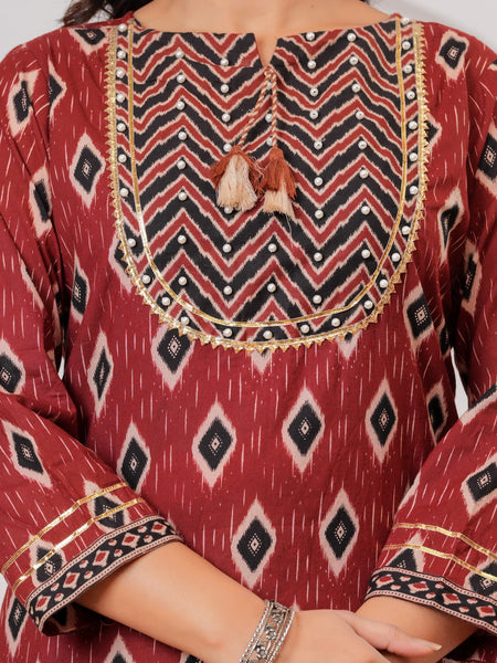 Maroon Ajrakh Jaal Print Cotton Kurta Pant Set with Dupatta