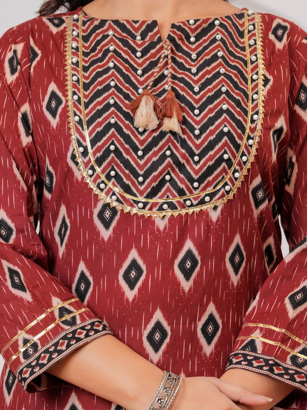 Maroon Ajrakh Jaal Print Cotton Kurta Pant Set with Dupatta