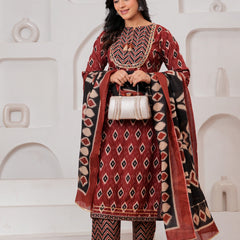 Maroon Ajrakh Jaal Print Cotton Kurta Pant Set with Dupatta