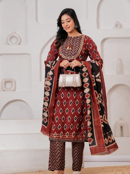 Maroon Ajrakh Jaal Print Cotton Kurta Pant Set with Dupatta