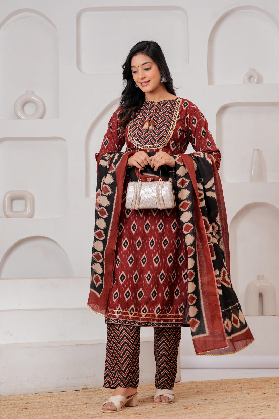 Maroon Ajrakh Jaal Print Cotton Kurta Pant Set with Dupatta