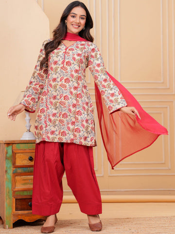 Cream Floral Cotton Kurta Set with Palazzo
