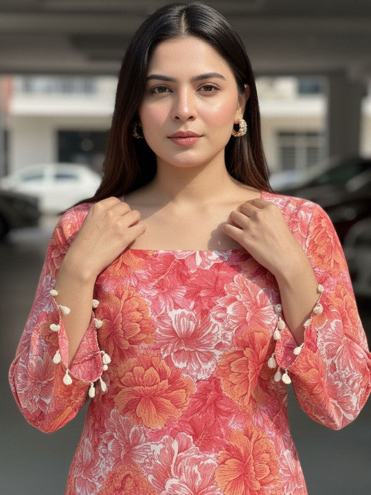 Floral Bell Sleeve Short Kurti