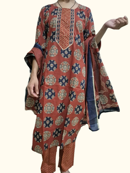 Rust Ajrakh Straight Cotton Kurta Set  | DJ24