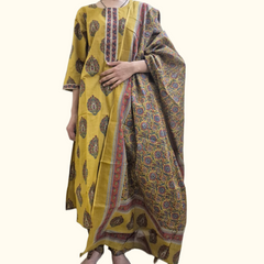 Mustard Paisley Straight Cotton Kurta Set  | DJ26