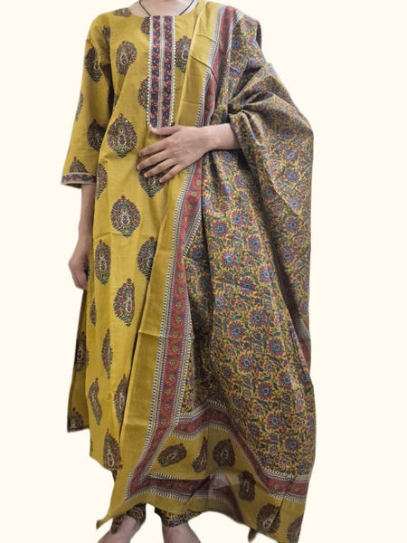 Mustard Paisley Straight Cotton Kurta Set  | DJ26