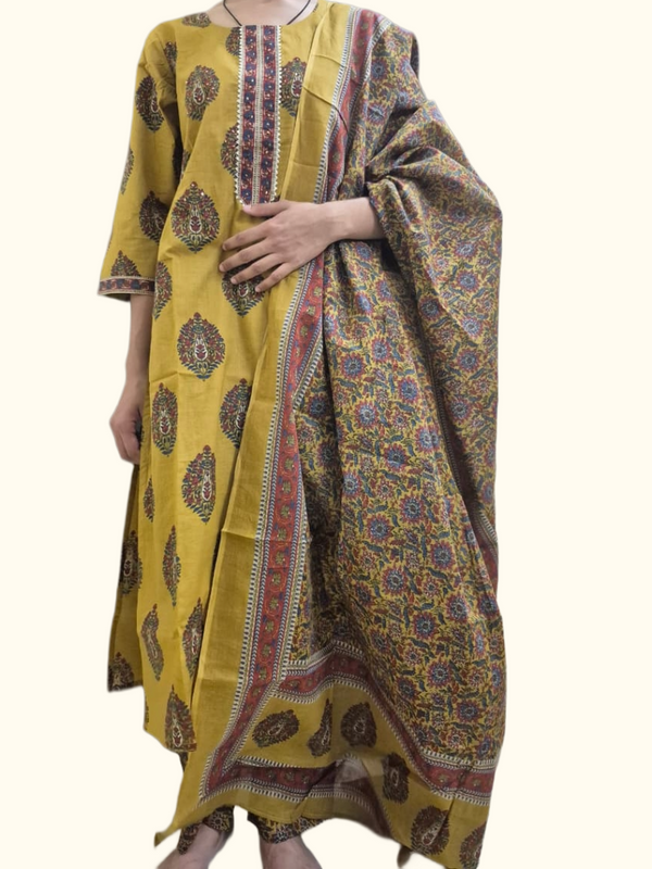 Mustard Paisley Straight Cotton Kurta Set  | DJ26