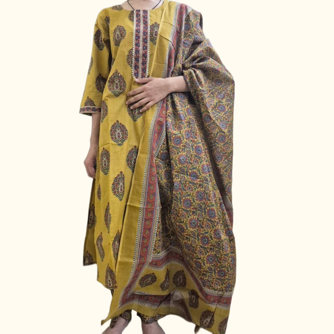 Mustard Paisley Straight Cotton Kurta Set