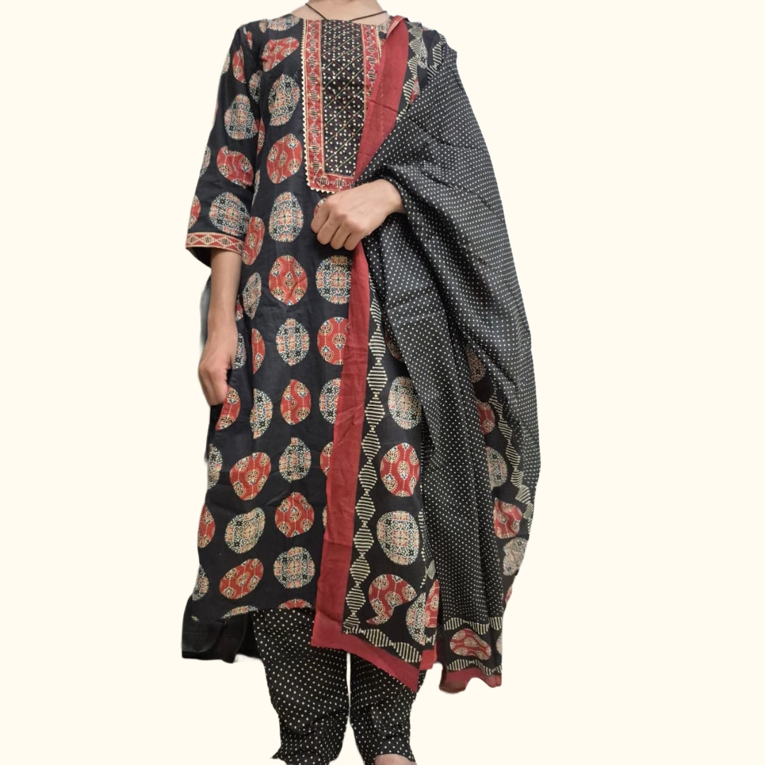 Rust Floral Cotton Straight Kurta Set