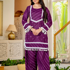 Royal Purple Cotton Farshi Kurta Set With Lace & Dupatta | DJ31