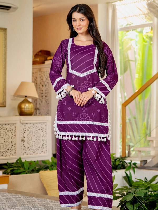 Royal Purple Cotton Farshi Kurta Set With Lace & Dupatta | DJ31