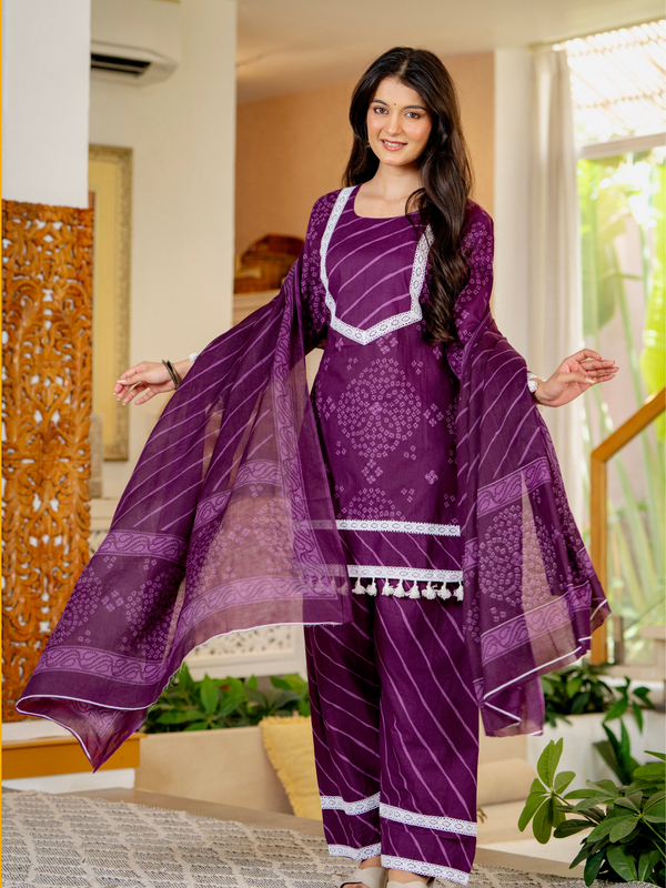 Royal Purple Cotton Farshi Kurta Set With Lace & Dupatta | DJ31
