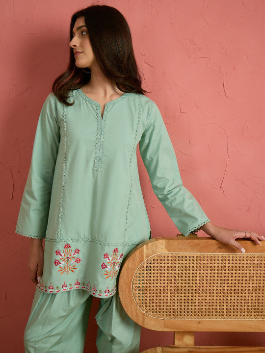 Mint Embroidered Cotton Farshi Kurti Set