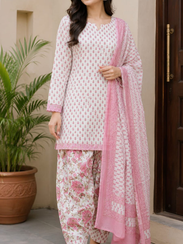 Pink Floral Cotton Farshi Kurti Set | DJ15
