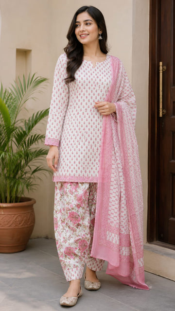 Pink Floral Cotton Straight Kurti Set