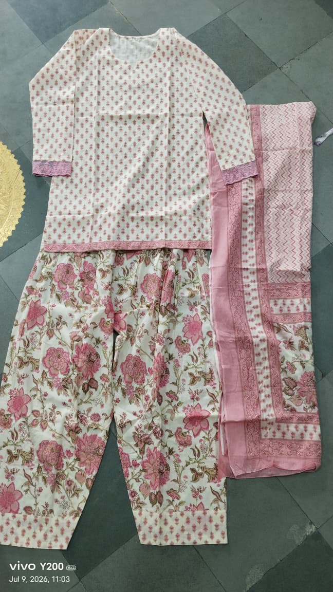 Pink Floral Cotton Straight Kurti Set