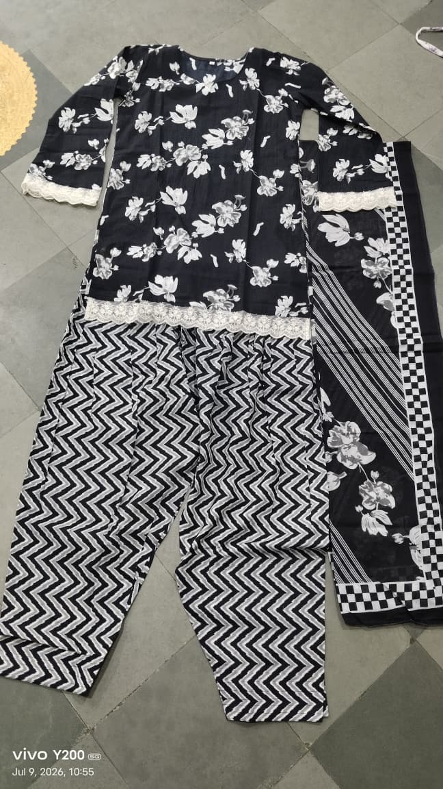 Black Floral Straight Kurti Set