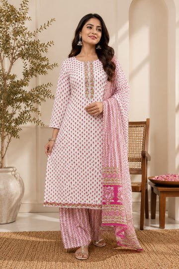 Pink Bud Cotton Straight Kurti Set