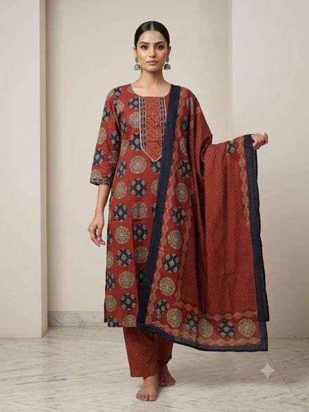 Rust Ajrakh Straight Cotton Kurta Set  | DJ24