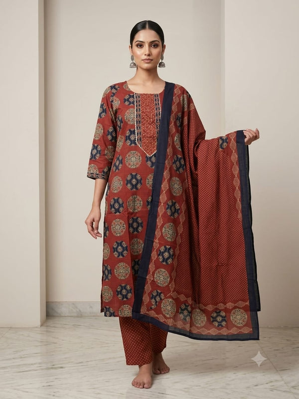 Rust Ajrakh Straight Cotton Kurta Set  | DJ24