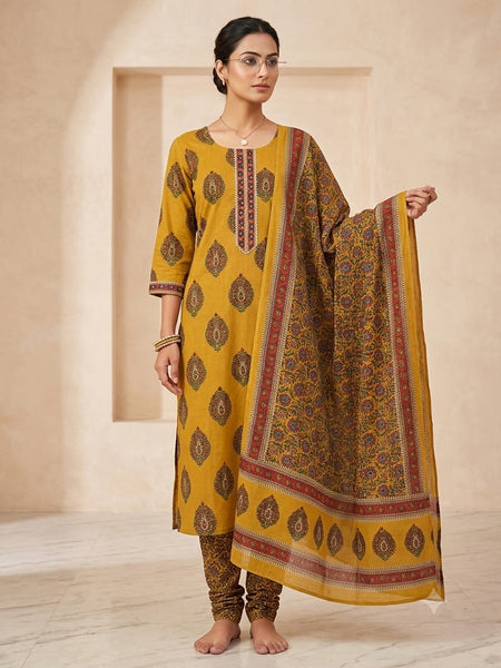 Mustard Paisley Straight Cotton Kurta Set  | DJ26