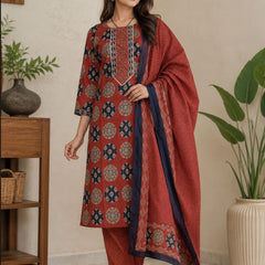 Rust Floral Cotton Straight Kurta Set | DJ30