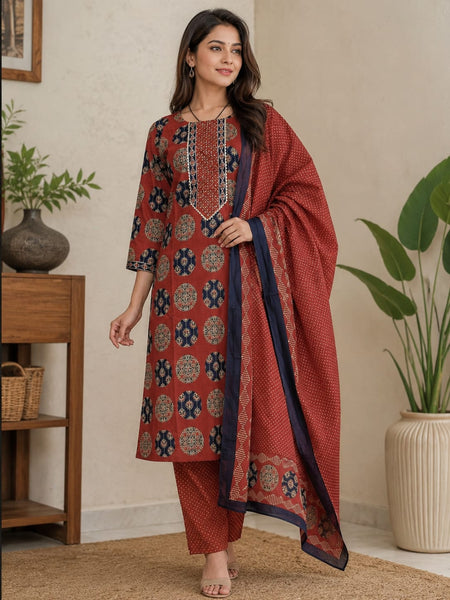Rust Floral Cotton Straight Kurta Set | DJ30