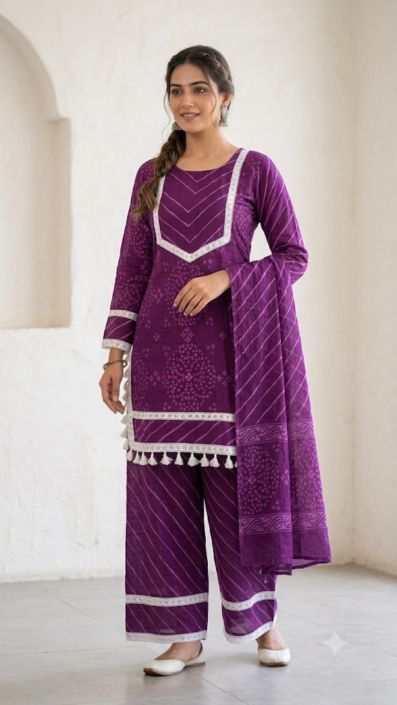 Purple Bandhani Cotton Co-ord Set with Dupatta | DJ31